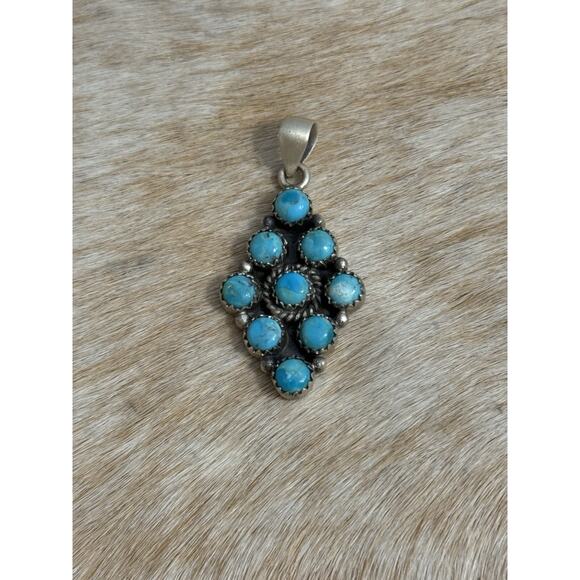Native American SW Sterling Silver Blue Turquoise Multistone Cluster Pendant - Picture 2 of 8